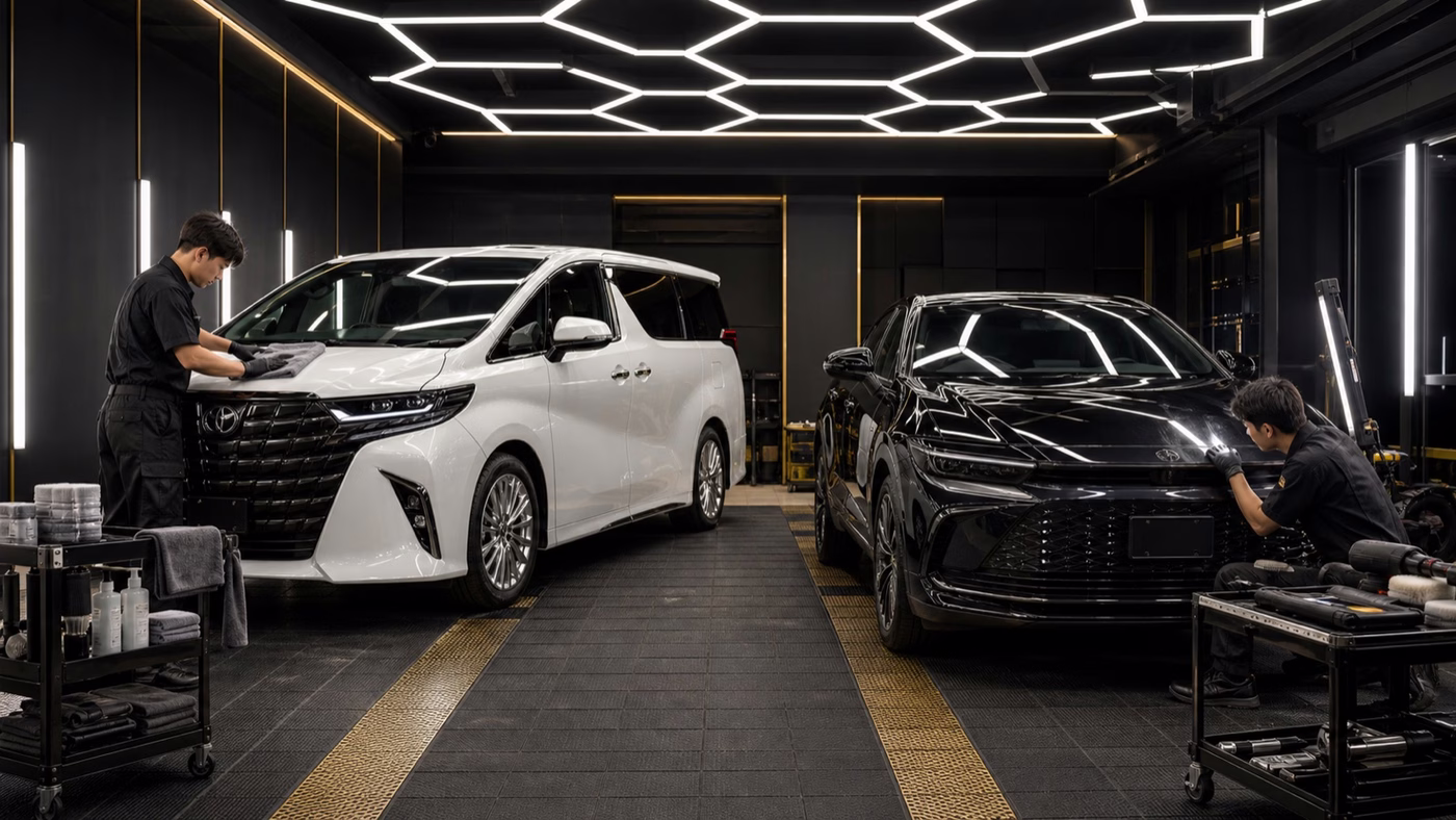 現行型の白いトヨタ アルファードと黒いトヨタ クラウンを車両別に施工する様子