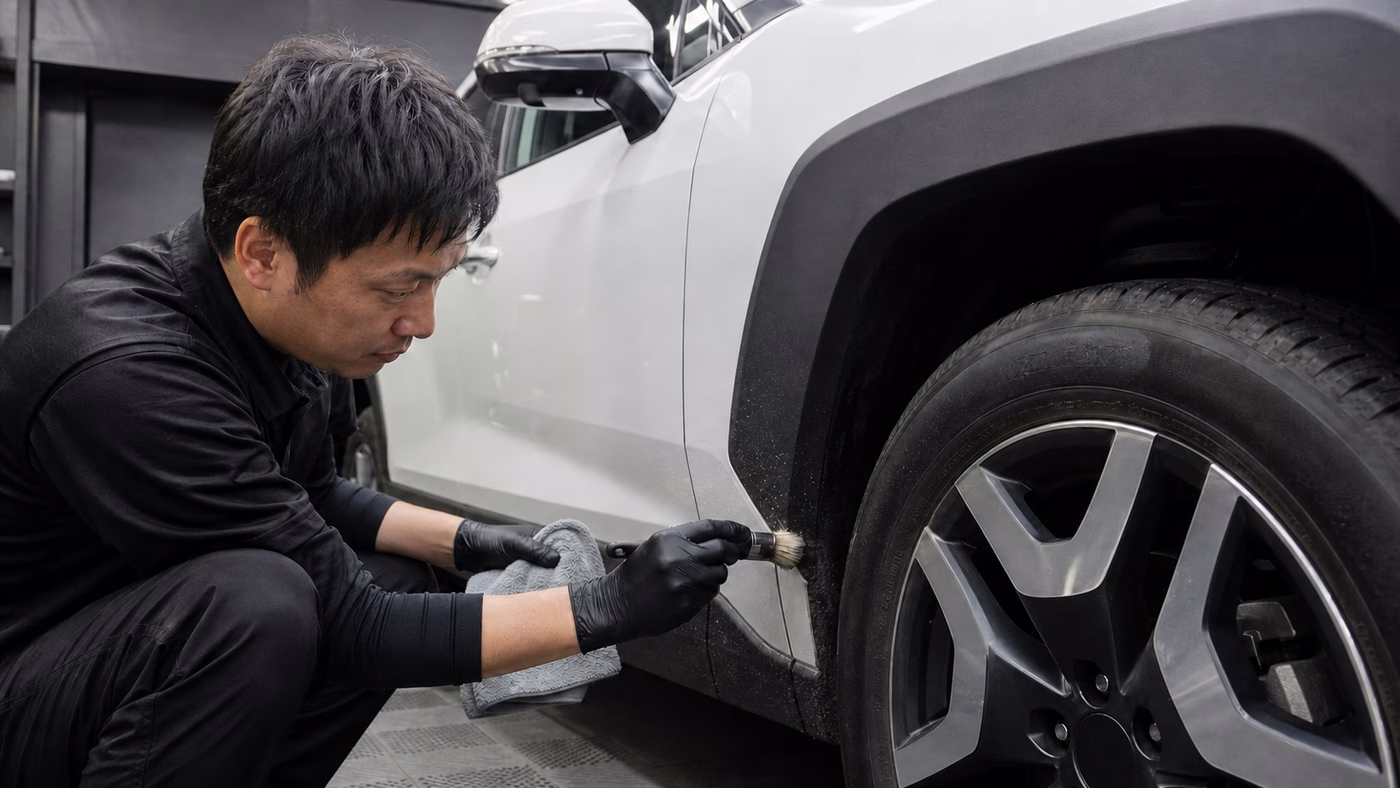 トヨタRAV4の足まわりに付着した砂ぼこりや油分を男性スタッフが段階的に除去する様子