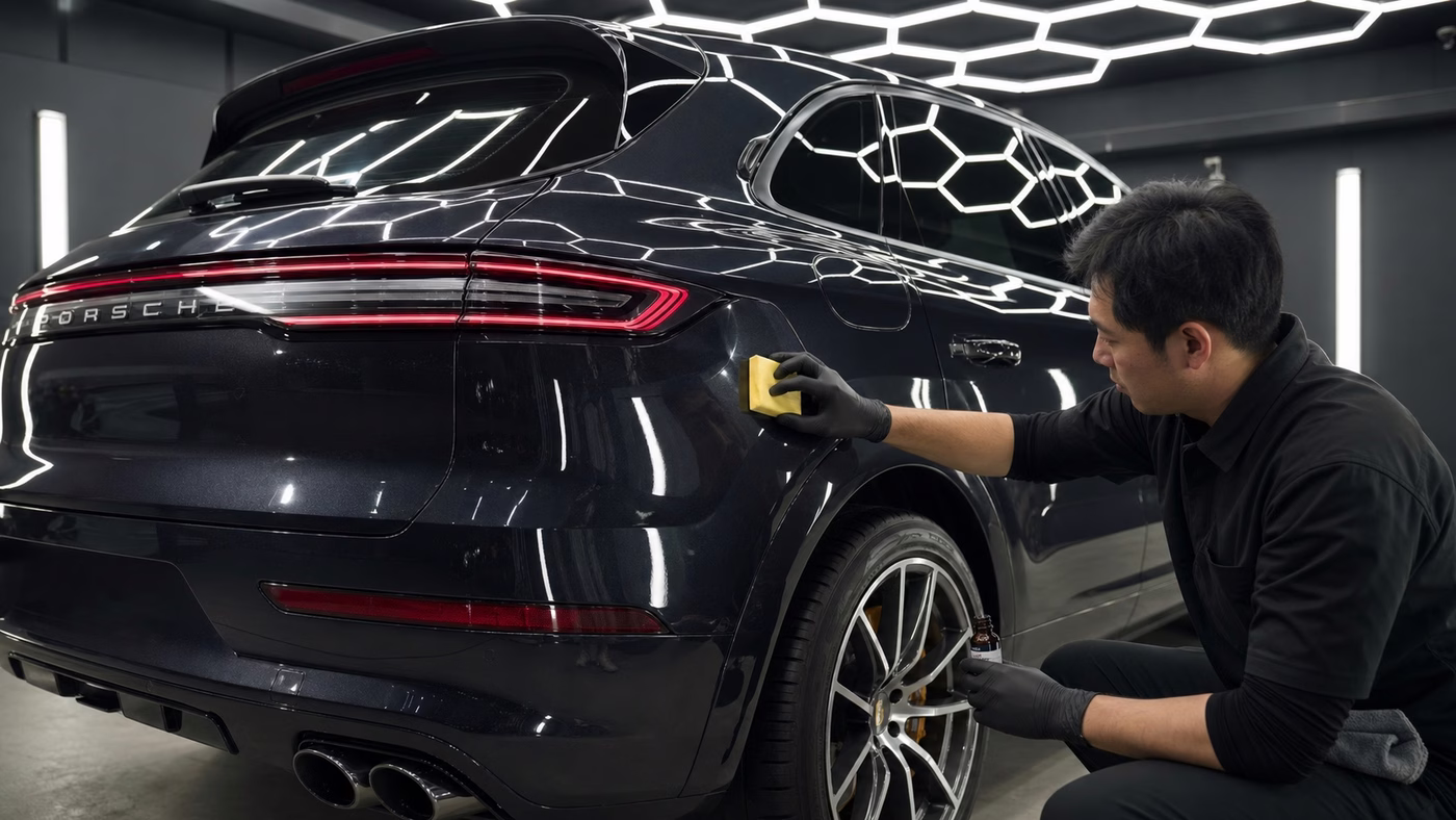 六角ハニカムLED施工ブースでポルシェ・カイエン後方へコーティング剤を塗り込む男性スタッフ